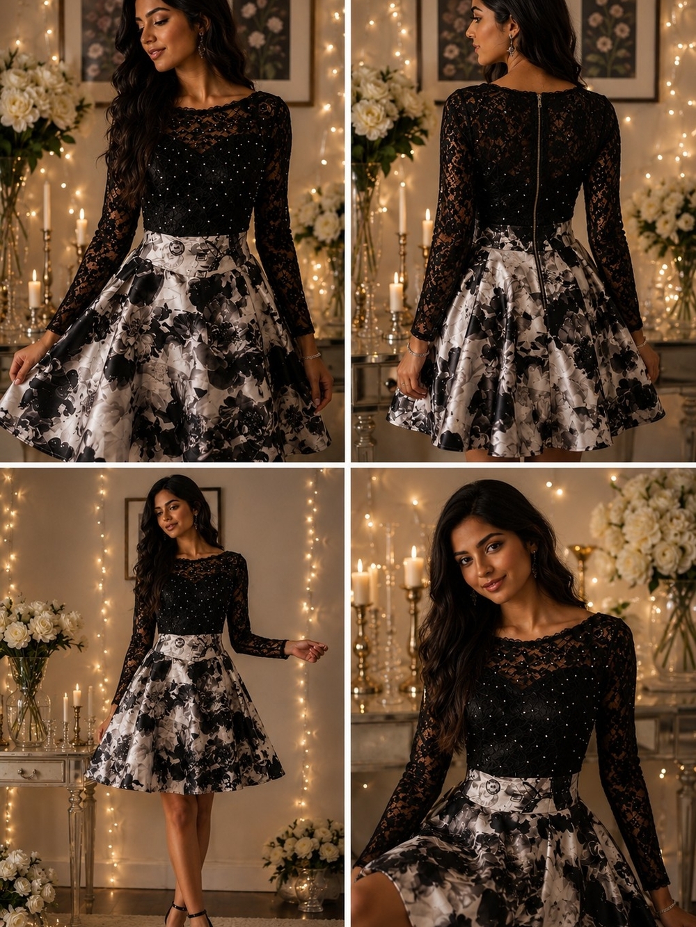 Dancing Queen 2095 Black Lace Bodice with Silver Floral A-Line Skirt NWT
